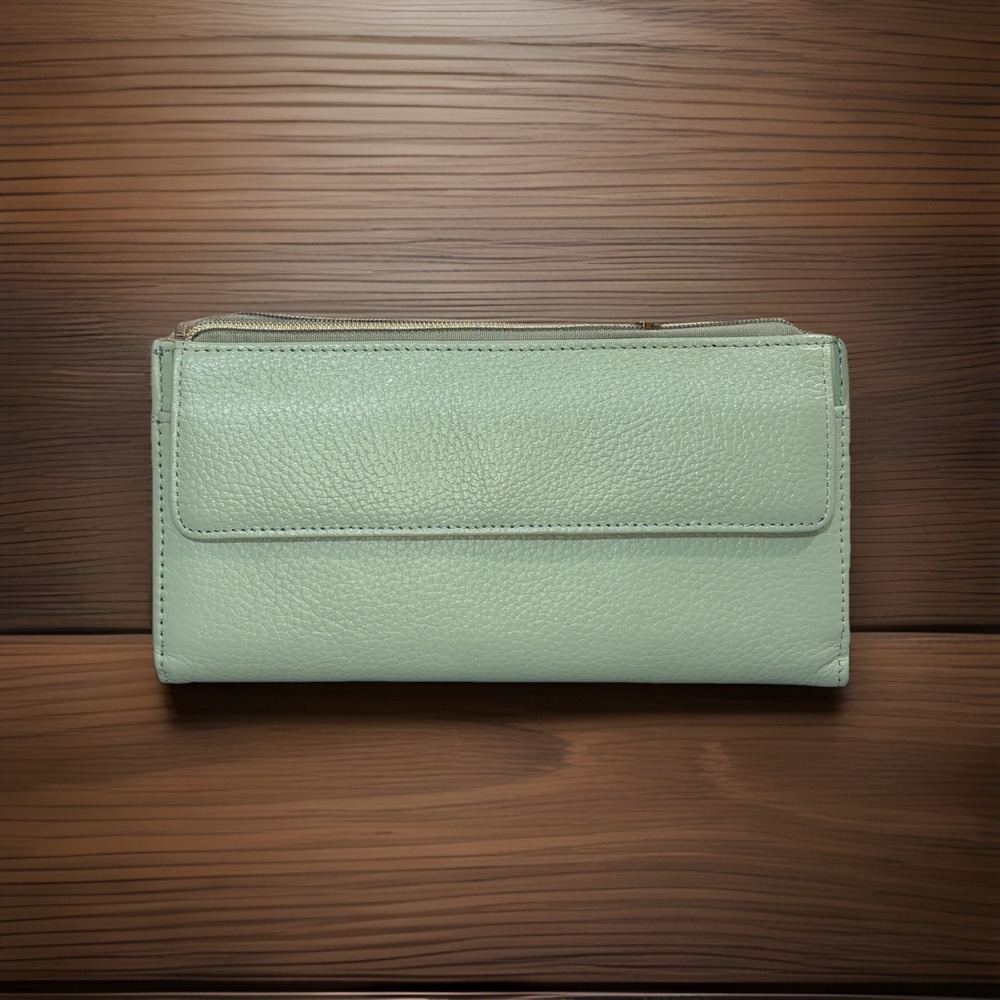 Pale Blue Dopp Genuine Leather Snap BiFold Zip Coin Card Clutch Wallet Polka Dot